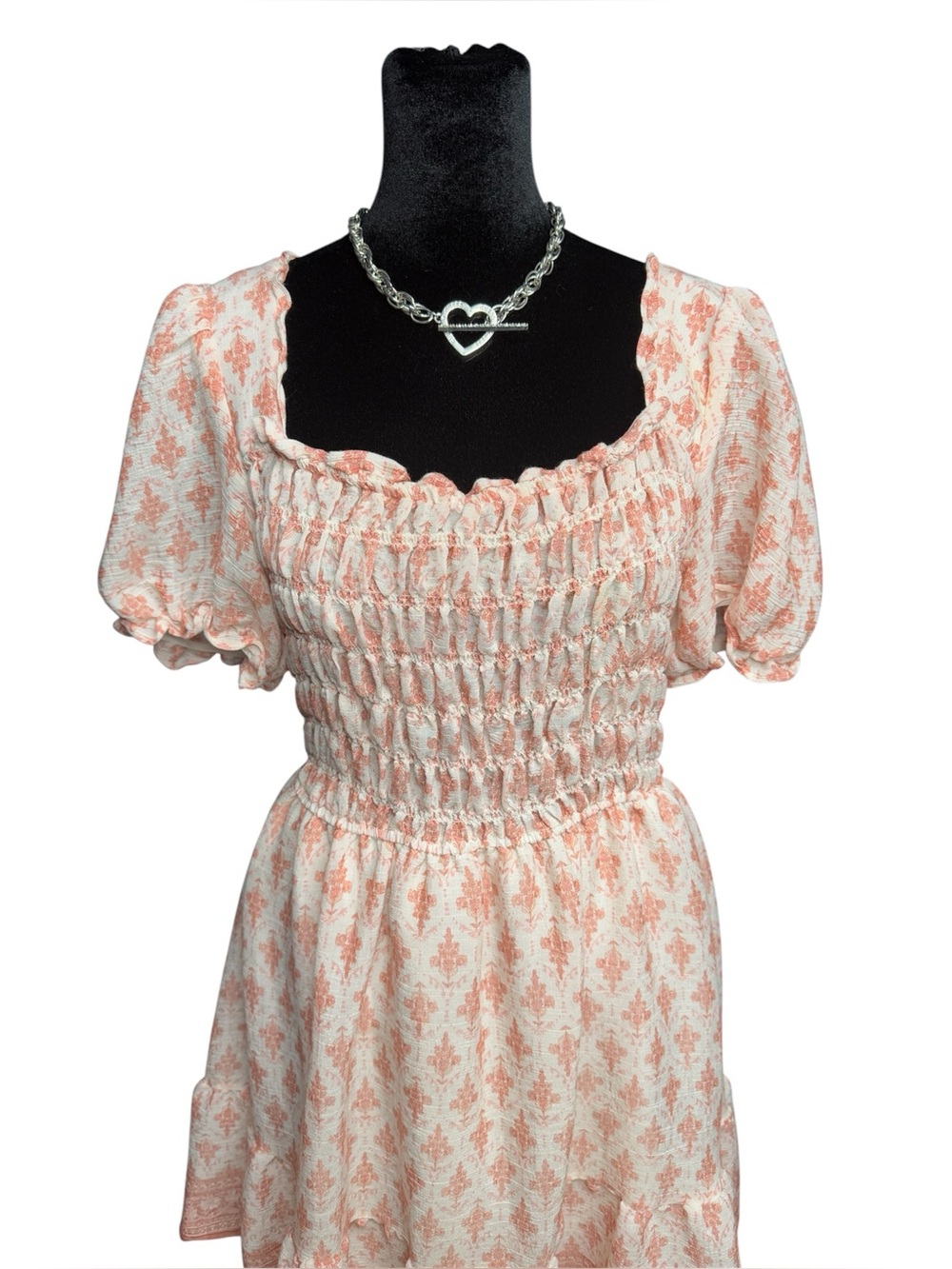 Mine smocked puff sleeve mini dress pink cream boho cottagecore size L - Picture 4 of 7